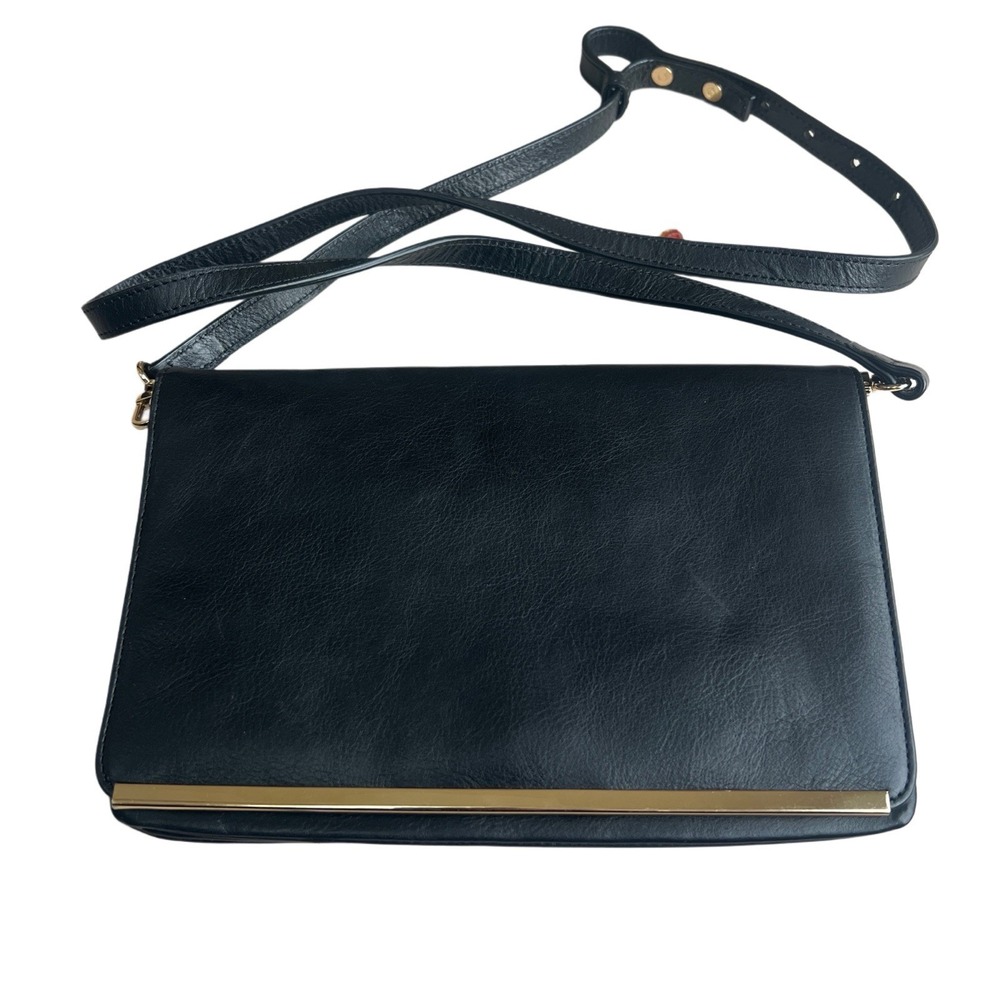 Halogen Black Leather Crossbody Clutch Gold Bar Minimalist Purse